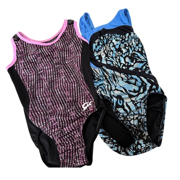 GK Elite Gymnastics Leotard AXS Blue & Purple Sparkle Stripes Two Leotards - Picture 1 of 4